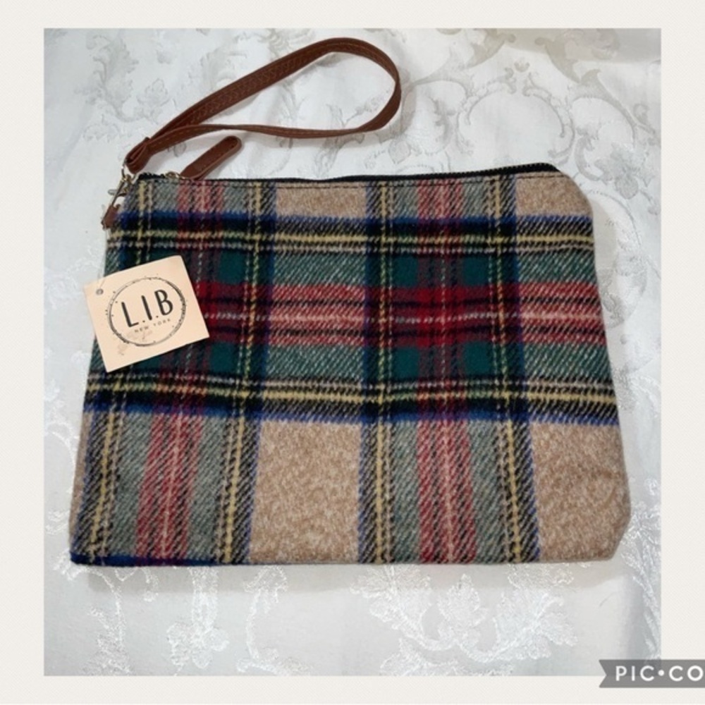 L.I.B. New York Red Tan Plaid Flannel Zip Wristlet Bag 10”X 8.5”